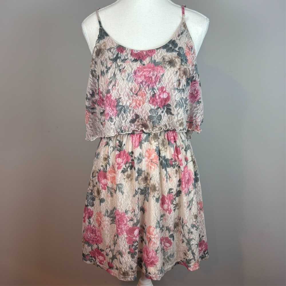 Wet Seal JUNIORS Pink Floral Lace Layered Strappy Y2K Fairy Dress Med Coquette